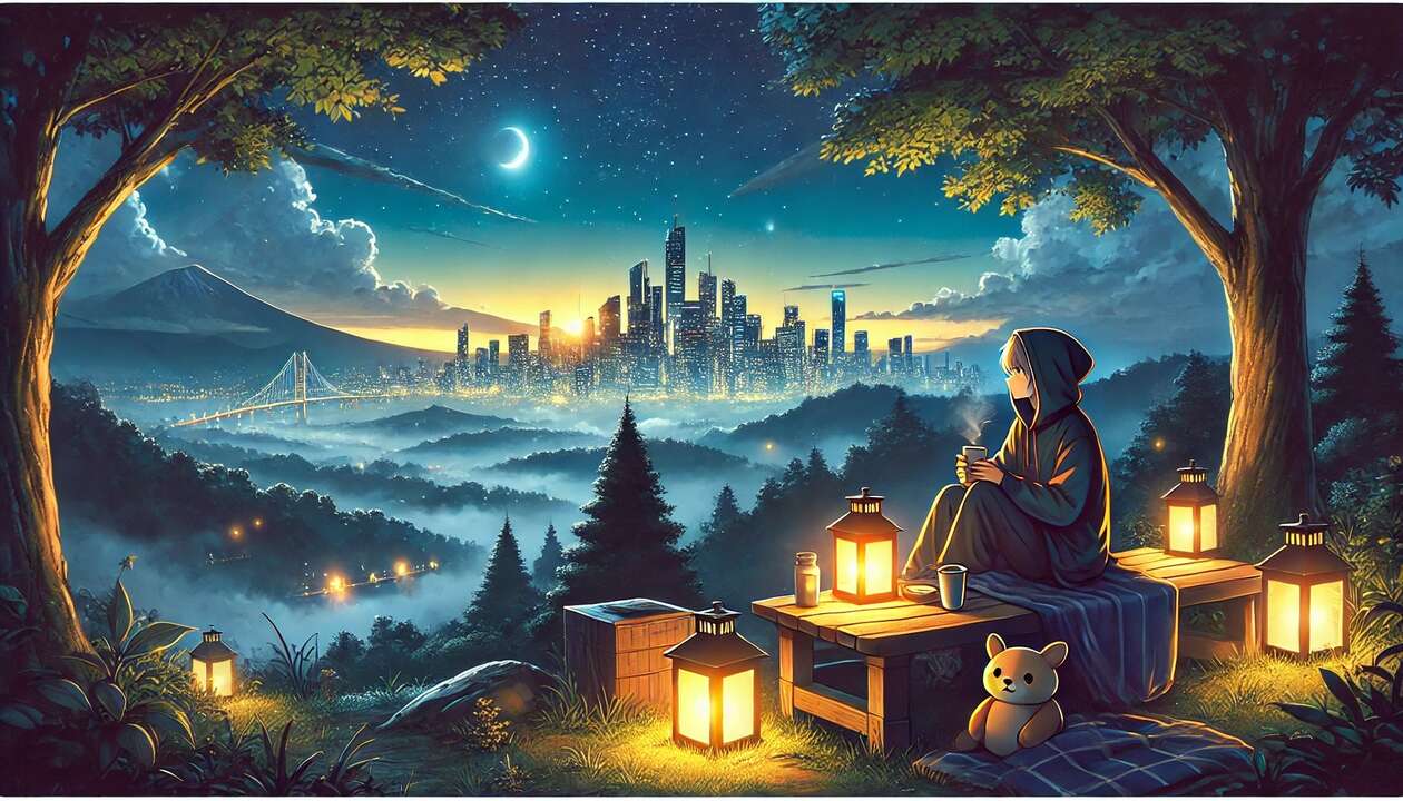 Anime character overlooking city at night